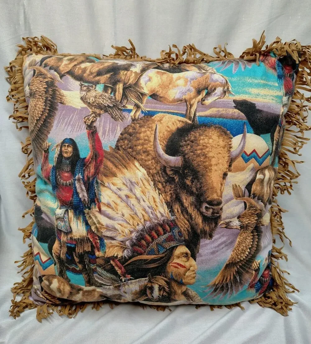 Vintage homemade Native American Indian suede Fringe throw pillow